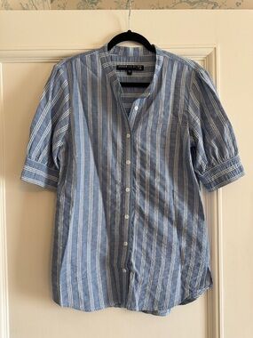 Veronica Beard Blue and White Vertical Stripe Button-Up Shirt